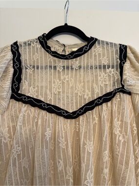 Free people cream lace studded top with Black Trim